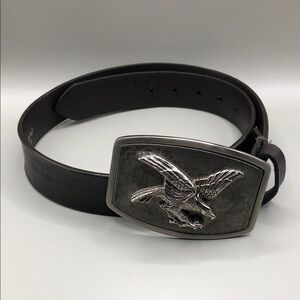 American Eagle Big Pewter Buckle Leather Brown Belt Sz S Small 30-32 UNISEX.